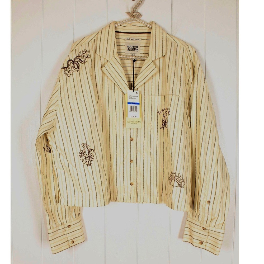 NWT Scotch & Soda Notch Lapel Button Up Tan/Brown Striped Embroidered Top XL - Picture 2 of 7